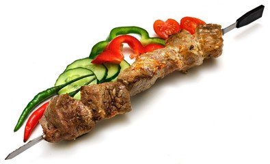 pork barbecue and vegetables isolated on white background