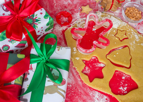 Christmas Presents With Homemade Gingerbread Cookies. Christmas Bustle Concept