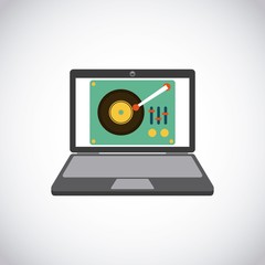laptop computer with table music mixer icon on screen over white background. colorful design. vector illustration