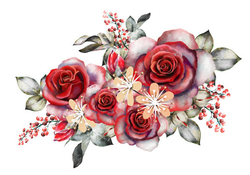 watercolor flowers. romantic floral illustration, red rose. branch of flowers isolated on white background. Leaf, berry and buds. Bouquet, composition for wedding or greeting card