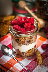 Bowl of cereals with blueberries and raspberrie.