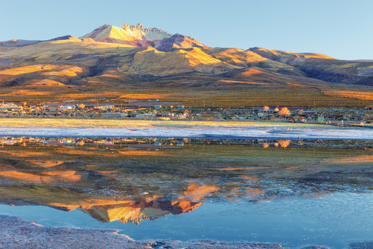 Landscape at sunrise in the village of Coqueza, Uyuni salt flat, Bolivia