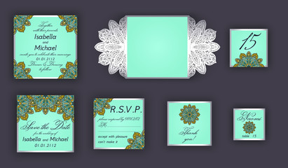 Vintage wedding invitation design set include Invitation card, Save the date, RSVP card, Thank you card, Table number, Place cards, Paper lace envelope. Wedding invitation mock-up for laser cutting