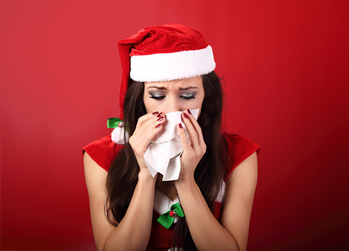 Flu. Unhappy frustration sick woman holding paper tissue near he