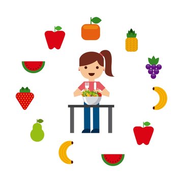 cute girl with salad bowl and fruits around her over white background. vector illustration