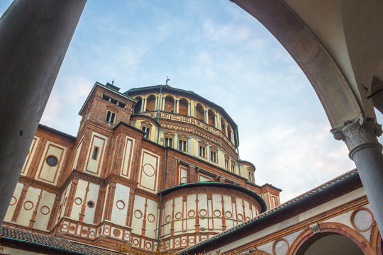 church Santa Maria Delle Grazie in Milan, Italy, column frame view. with blue sky.