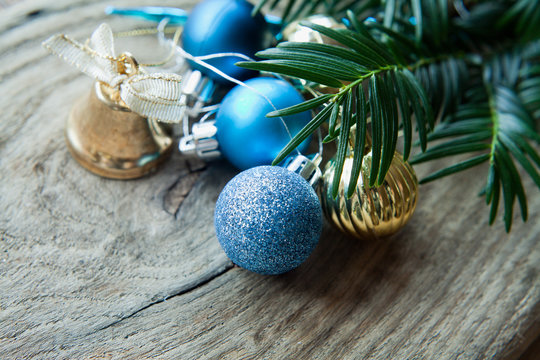 Cold style baubles rustic wooden Christmas decorations.