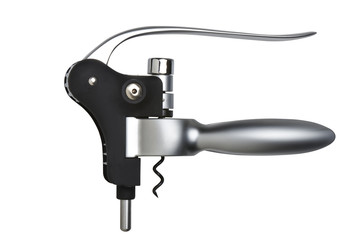 Closeup of a modern metal cork screw isolated on white