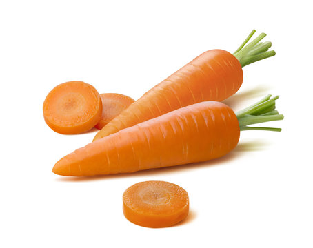 Whole Carrots Round Pieces Isolated On White Background