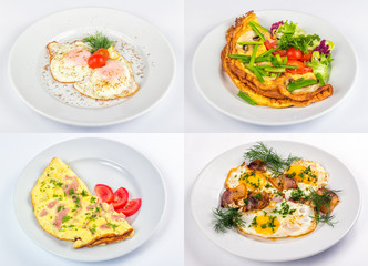 four breakfast with fried egg and omelette