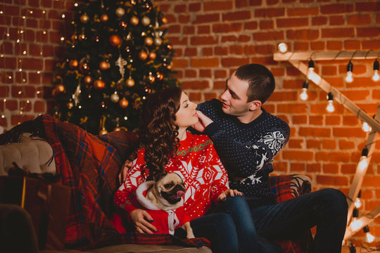 Happy loving young people and pug dog having fun near the Christmas tree. Smiling couple celebrating New Year. Toned image.