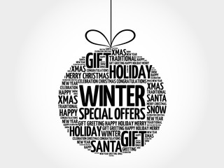 Winter Special Offers christmas ball word cloud, holidays lettering collage