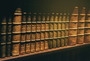Ancient books on wooden shelf.