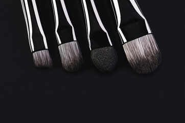 four makeup brushes close-up on a black background. horizontal