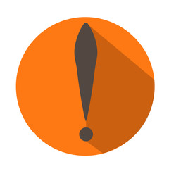 Exclamation mark in orange circle with long shadow. Vector icon. Flat design style