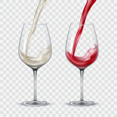Set transparent glasses with white and red wine