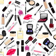 Makeup, perfume, cosmetics seamless pattern.