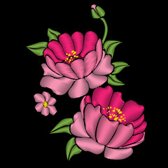 Pink peonies with leaves. Embroidery