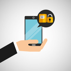 hand holds smartphone padlock folder file vector illustration eps 10
