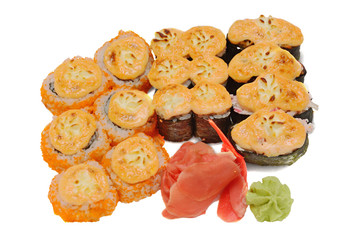 Baked sushi set on a white background