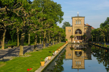 Stuttgart, Germany - MAI 13, 2015: Zoo Wilhelma. Artificial pond with aquatic plants. Ancient...