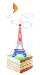 Humor French cake, French tower on cake on a white background