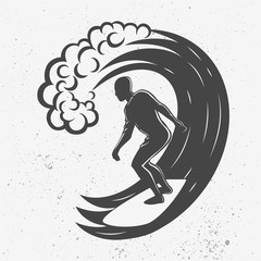 Vintage logo. Men surfing on big wave. Surfboard. Surf logotype