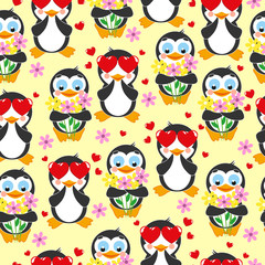 Cute pattern. Love penguin and penguin with bouquet of flowers on a yellow background.