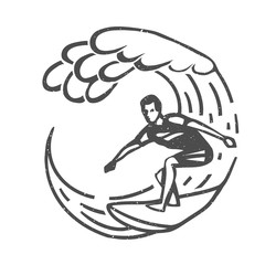 Vintage logo. Men surfing on wave. Surfboard. Surf logotype.