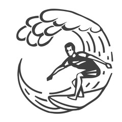 Vintage logo. Men surfing on wave. Surfboard. Surf logotype.