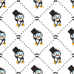 Penguin wearing a hat and with a cane. Seamless pattern for gentleman. 