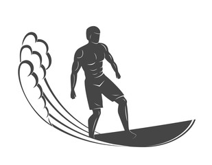 Vintage logo. Men surfing on wave. Surfboard. Surf logotype.