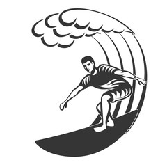 Vintage logo. Men surfing on big wave. Surfboard. Surf logotype