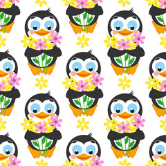 Seamless cute pattern. Penguin with bouquet of flowers on a white background.