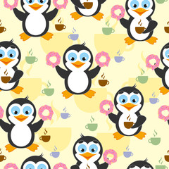 Cute seamless pattern with penguin, donuts and coffee on a yellow background. 