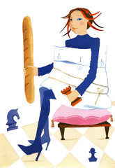 Diet chess, The girl sitting on the chair with chess, bread and pillow on a white background