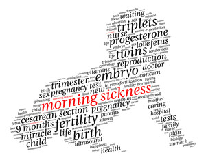 Morning sickness. Word cloud, baby silhouette, italic font, white background. The miracle of birth.
