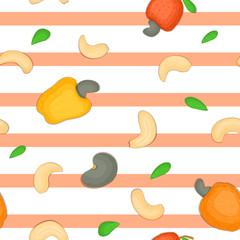 Seamless vector pattern of cashew nut. Striped background with delicious cashew nuts, leaves. Illustration can be used for printing on fabric, textile in design packaging, packaging design