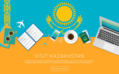 Visit Kazakhstan concept for your web banner or print materials. Top view of a laptop, sunglasses and coffee cup on Kazakhstan national flag. Flat style travel planninng website header.