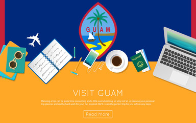 Visit Guam concept for your web banner or print materials. Top view of a laptop, sunglasses and coffee cup on Guam national flag. Flat style travel planninng website header. - obrazy, fototapety, plakaty
