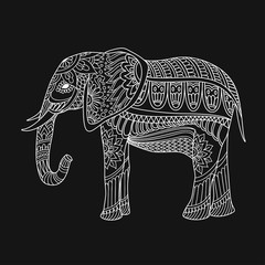 Indian elephant in traditional asian style. Ornate elephant on lace background for coloring page design, t-shirt design etc. Hand drawn vector illustration