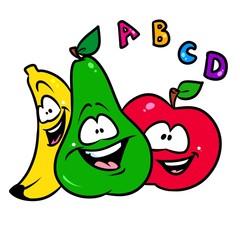Obraz premium Cheerful fruit friends banana apple pear cartoon illustration isolated image 