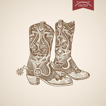 Engraving Hand Vector Cowboy Boots Retro Fashion Illustration.