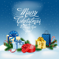 Merry Christmas Happy New Year gift box vector. Winter holiday