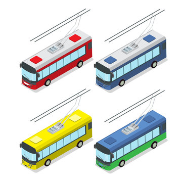 Flat isometric Trolley vector. 3d Passenger Transport.