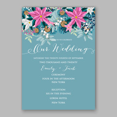 Poinsettia Wedding Invitation sample card beautiful winter floral ornament Christmas party invitation with poinsettia, fir, pine branches, red holly berries, mistletoe
