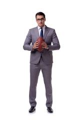 Businessman with american football isolated on white