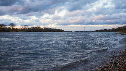 Blue hour at the river Rhine close to Dusseldorf / Germany (North Rhine Westfalia)