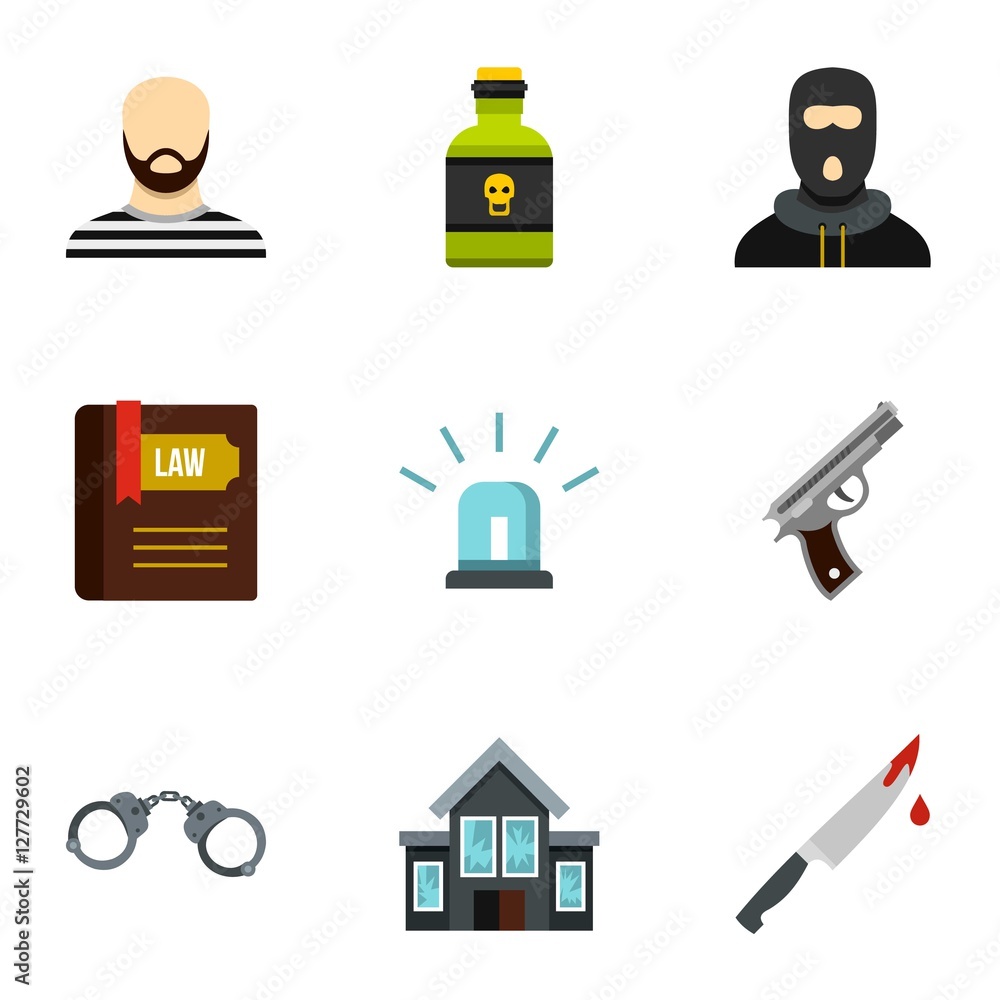 Poster robbery icons set. flat illustration of 9 robbery vector icons for web