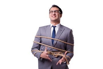 Businessman tied up with rope isolated on white
